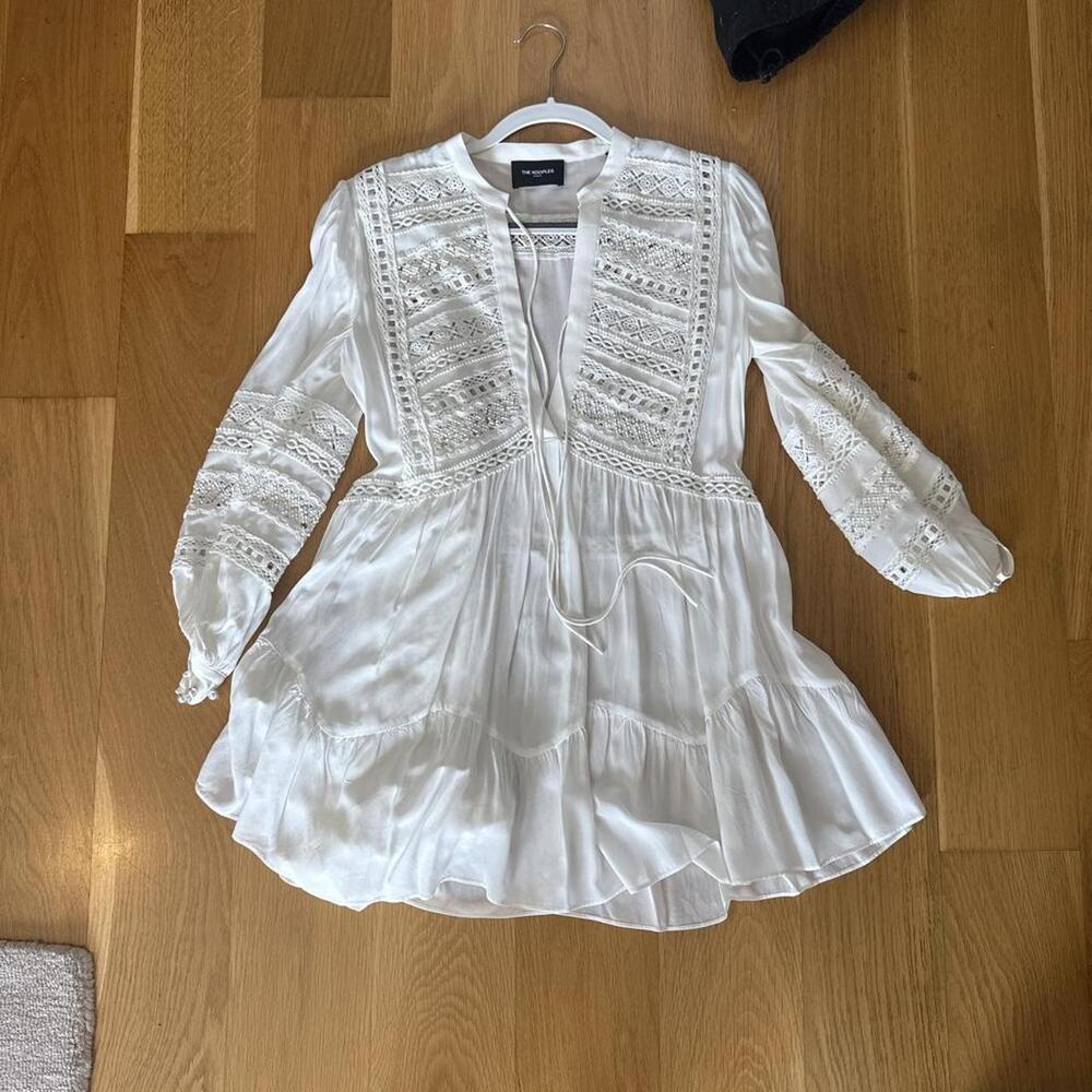 White Lace Insert Long Sleeve Boho Mini Dress